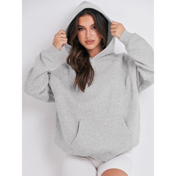 Women Light Grey Hoodies Oversized Fleece Long Sleeve Comfy Casual Sweatshirts - Picture 4 of 7
